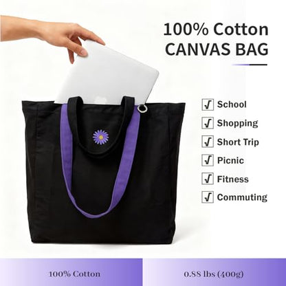 Commuter Tote Bag for Women, Black Canvas Shopping Tote, 27L Everyday Work Bag with Zip Top, 2 Outer Pockets, Short Handles, Inner Zipper Pocket, Utility Carryall for Laptop, Lunch and Grocery Runs