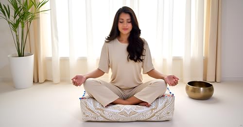 INDIAN CRAFT CASTLE Mandala Mandala Barmeri Large Floor Pillow Cover Cushion Meditation Seating Ottoman Throw Cover Hippie Decorative Zipped Bohemian Pouf Ottoman Cases White Gold Ombre 16" Square