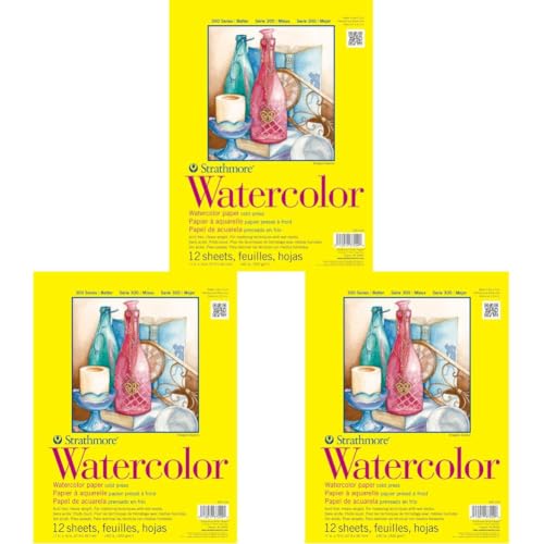 Strathmore 300 Series Tape Bound Watercolor Pad, 140 lb. Cold Press, 11 X 15 inches, White, 12 Sheets (360-111) (Pack of 3) - size: 11x15 (Pack of 3), style: Tape Binding
