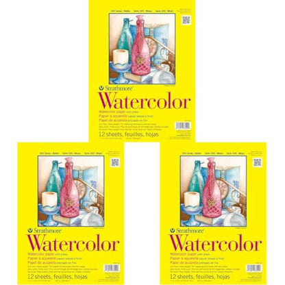 Strathmore 300 Series Tape Bound Watercolor Pad, 140 lb. Cold Press, 11 X 15 inches, White, 12 Sheets (360-111) (Pack of 3) - size: 11x15 (Pack of 3), style: Tape Binding