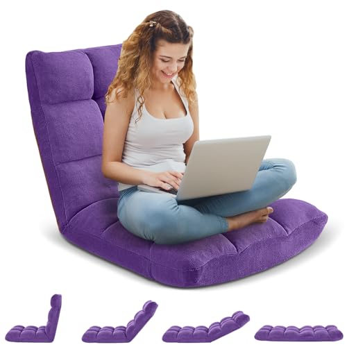 Folding Floor Gaming Chair, Adjustable 14-Position Backrest, 6-Inch Thick Flannel and Skin-Friendly Cotton Sponge, Breathable, Ideal for Gaming, Meditating, Sleeping, Purple - color: Purple