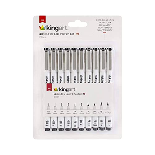 KINGART PRO Inkline Black Micro Line & Precision Graphic Pens, 10 Assorted Nibs, BLACK Archival Waterproof Japanese Ink for Art, Illustration, Calligraphy, Sketching, Anime, Technical Drawing, Manga