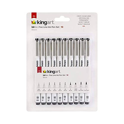 KINGART PRO Inkline Black Micro Line & Precision Graphic Pens, 10 Assorted Nibs, BLACK Archival Waterproof Japanese Ink for Art, Illustration, Calligraphy, Sketching, Anime, Technical Drawing, Manga