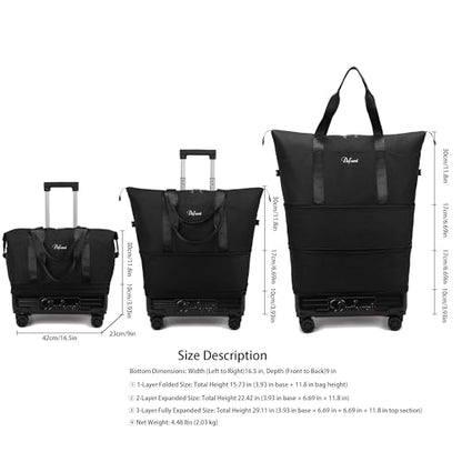 Expandable Rolling Travel Bag with Removable Wheels & Handle, Large Capacity Wheeled Duffle Tote, Foldable Carry On Luggage for Women, Lightweight Weekender Overnight Bag (Black) - color: Black