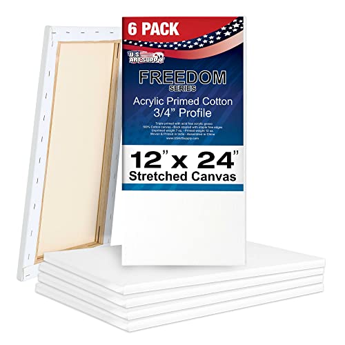 U.S. Art Supply 12 x 24 inch Stretched Canvas for Painting, 12oz Triple Primed, 6-Pack - Professional Artist Quality White Blank 3/4" Profile, 100% Cotton, Heavy-Weight Gesso - Acrylic Pouring, Oil - size: 12" x 24"