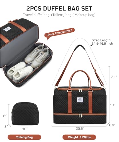 WINDARS Travel Duffle Bag, Weekender Bags for Women with Shoe Compartment, Overnight Bag with Toiletry Bag, Carry On Duffel Bags For Airplanes, Yoga Gym Duffel Bag, Black Brown - color: Black Brown