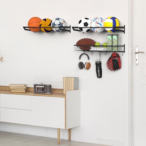 YBING Sports Equipment Organizer with 3 Separate Shelf, Ball Racks for Garage, Garage Sport Equipment Organizer with Hooks,Wall Mount Sports Holder Storage, Black