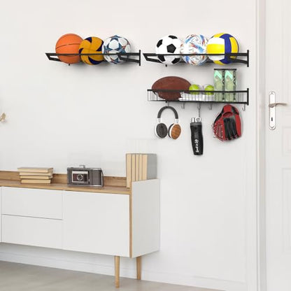 YBING Sports Equipment Organizer with 3 Separate Shelf, Ball Racks for Garage, Garage Sport Equipment Organizer with Hooks,Wall Mount Sports Holder Storage, Black