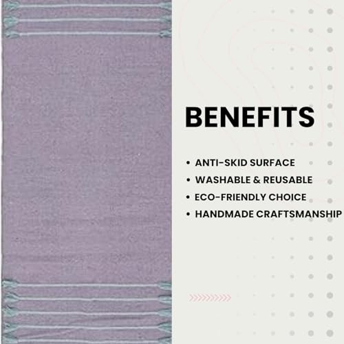 Indian Handmade100 % Organic Anti Skid Multi Colour Cotton Yoga Mat - Eco-Friendly Hand-Woven Rug - Non-Slip & Thick (24”x72”x5mm) for Hot yoga & Everyday Fitness at Home - Comfortable & Foldable Extra-Long Mat - color: Lilac