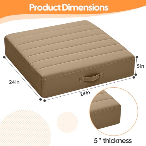 MeMoreCool 24 Inch Square Floor Pillows for Adults, 2 Pack Coffee Cushions | Set of 2 coffee washable tufted floor cushions, thick foam seats for yoga, tatami, tv room - color: Light Coffee, size: 24 Inch