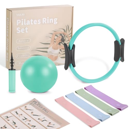 Pilates Kit, Home Pilates Equipment Set with Pilates Ring, Pilates Ball and 5 Resistance Bands, Core Strength Training Workout Kit for Flexibility & Muscle Toning - color: Lake Blue