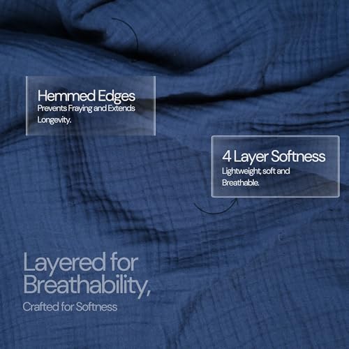 Salt Earth 100% Cotton Gauze 80"X90" Queen 4 Layered Blanket- Navy Blue | Premium Muslin Blanket for Couch,Bed,Living,Summer Lightweight, All Seasons Blankets & Throws, Boho,Travel & Skin Friendly - color: Navy Blue, size: 80"X90" Queen