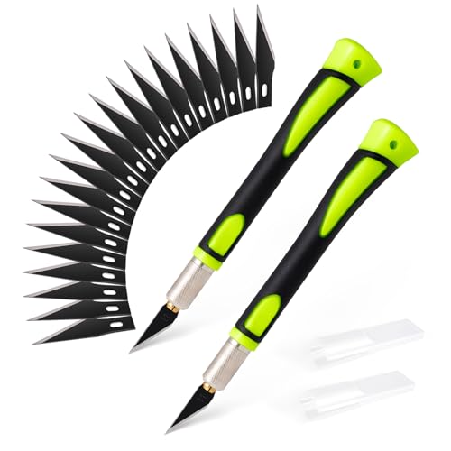 FOSHIO Precision Exacto Knife Set, 2 Pack Craft Knife with Extra 20 Exacto Blades, Hobby Knife Set with Protective Cover Rubber Handle for Crafts, Arts, Stencil, Modeling, Trimming, Carving (Green) - color: Green