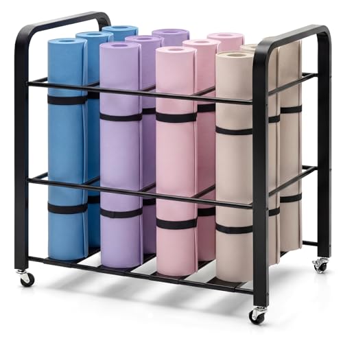 32'' x 21'' x 31'' Yoga Mat Storage Cart with Wheels, Floor Metal Gym Foam Rollers Storage Organizer, Yoga Mat Holder Basket for Commercial and Home Gym Accessories