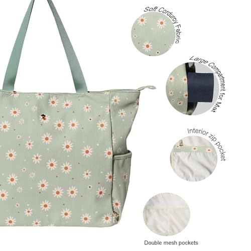ESVAN Yoga Mat Bag Yoga Tote Carrier Shoulder Bag Carryall Tote for Office,Yoga,Pilates,Travel,Beach and Gym - color: Corduroy Matcha Daisy