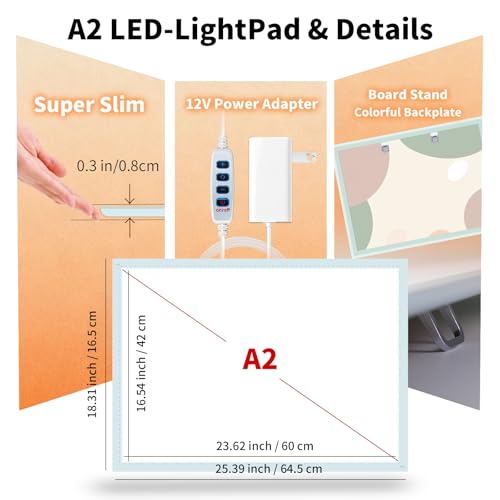 A2 Light Board for Diamond Painting, Super Bright Magnetic Light Pad, 12V2A Adapter Dimmerable，Lightbox for Tracing and Drawing, Corded Light Table for Sketching, Animation, Weeding Vinyl - size: 25.39"L x 18.31"W x 0.3"H