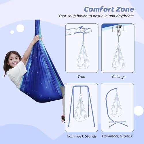 Aokitec Sensory Swing Kids & Adults, Double-Layer Indoor Outdoor Hammock | Therapy swing, Special Needs, Autism, Adjustable, Double-layer Polyester Holds 300LB, Swivel Hanger, All Hardware Included - color: Star Blue
