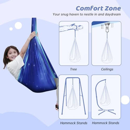 Aokitec Sensory Swing Kids & Adults, Double-Layer Indoor Outdoor Hammock | Therapy swing, Special Needs, Autism, Adjustable, Double-layer Polyester Holds 300LB, Swivel Hanger, All Hardware Included - color: Star Blue