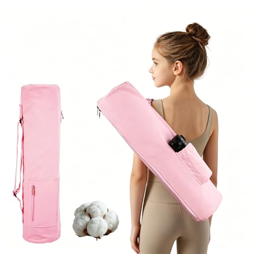 Cotton yoga mat bag with Pockets and Adjustable Strap - Full Zip Cargo Yoga Mat Carrier Bag - Bag for 1/4" 1/3" Thick Yoga Mat - color: Pink, size: L
