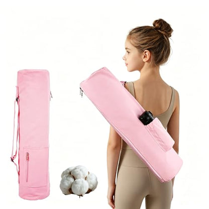 Cotton yoga mat bag with Pockets and Adjustable Strap - Full Zip Cargo Yoga Mat Carrier Bag - Bag for 1/4" 1/3" Thick Yoga Mat - color: Pink, size: L