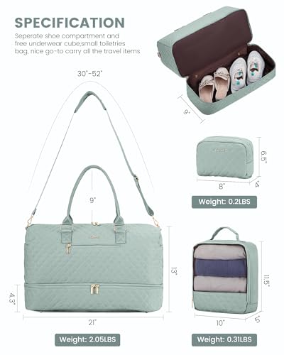 LOVEVOOK Travel Duffle Bag for Women, Weekender Overnight Bag with Shoe Compartment, Carry on Bag with Toiletry Bag, Gym Duffel Bag with Wet Pocket, Hospital Bags for Labor and Delivery 3 Pcs Set - color: Mint Green, size: Large