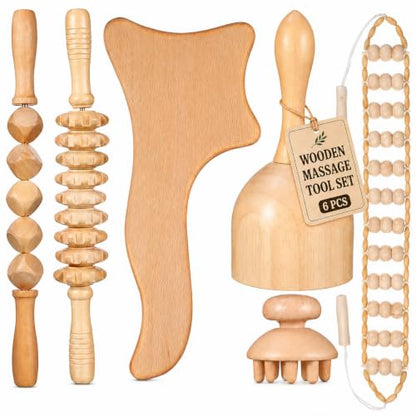 Ciieeo 6 Pcs Wood Therapy Massage Tools Set Wooden Roller Stick Massage Cups Therapy Tools for Body Shaping Office Fatigue Relief Circulation Support