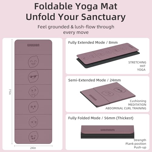 TPE Yoga Mat Foldable 8mm Thick Light Non-Slip for Home/Gym/Travel | 70"X24" Folding Workout Mats,1.1 lbs Lightweight Portable Exercise For Pilates,Studio,Outdoor Working Out Men Women Durable - color: Deep pink&black