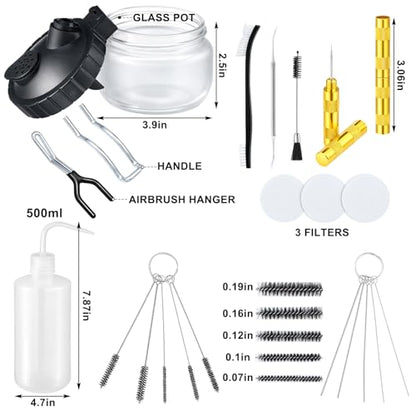 Sieral 8 Pcs Airbrush Spray Gun Cleaning Kit Double Sided Brush, Large General Brushes, Double Side Dental Pick, Glass Jar with Holder, 5 Needle, 5 Brushes, Wash Needle, 500ml Plastic Bottle