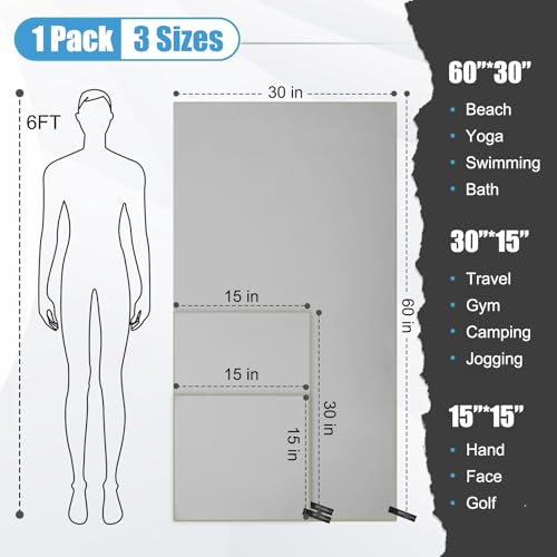 Quick Dry Travel Towel, 3 Sizes 1 Pack Camping Microfiber Towel, Lightweight Fast Drying Towels Set 60"x30", 30"x15", 15"x15" w/Bag for Gym, Beach, Hiking, Swimming, Grey - color: Grey