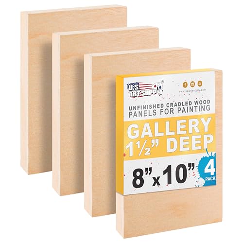 U.S. Art Supply 8" x 10" Unfinished Cradled Wood Panels for Painting, Gallery 1-1/2" Deep (4 Pack) - Artist Depth Wooden Wall Canvases - Mixed-Media Craft, Acrylic, Oil, Encaustic, Paint Pouring - style: 8 Inch x 10 Inch