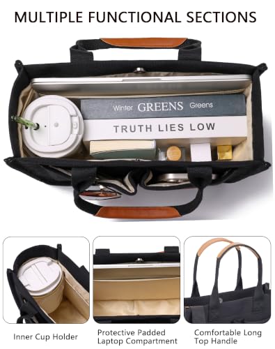 ZHMO Canvas Tote Bag for Women,Women's Bags Crossbody Bags Work Laptop Tote Bag Large Handbags Purse for Travel Nurse Teacher - color: Canvs Demure Black With Compartments