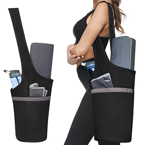 Ewedoos Canvas Yoga Mat Bag Fits Most Mats Yoga Bag with Large Storage Pockets to Hold More Accessories Ideal for Pilates Workout Gifts & Travel - color: Black