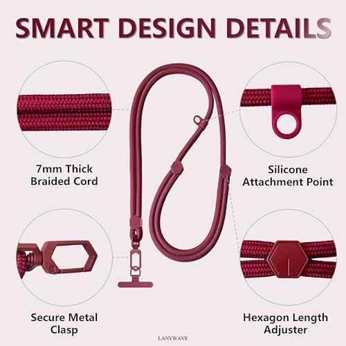 Adjustable Crossbody Phone Lanyard, Braided Cord with Tether Tab | Braided cord, Tether tab, Secure clasp, Accessory clip for hands-free crossbody use - color: Red
