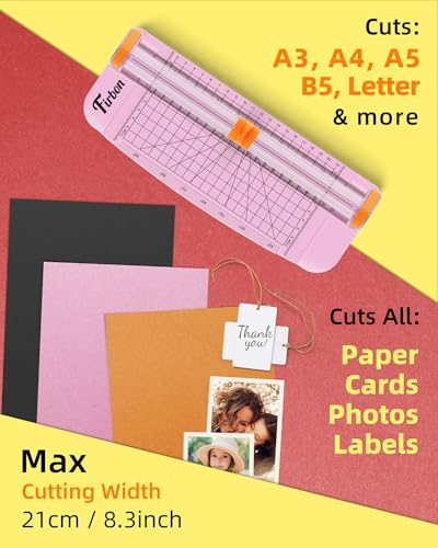 Firbon A5 Paper Cutter, Small Straight Paper Trimmer with Side Ruler | Pink compact design | Cuts photo, cardstock, labels & coupons | Portable desktop slicer | Scrapbooking & craft projects - color: A5-pink