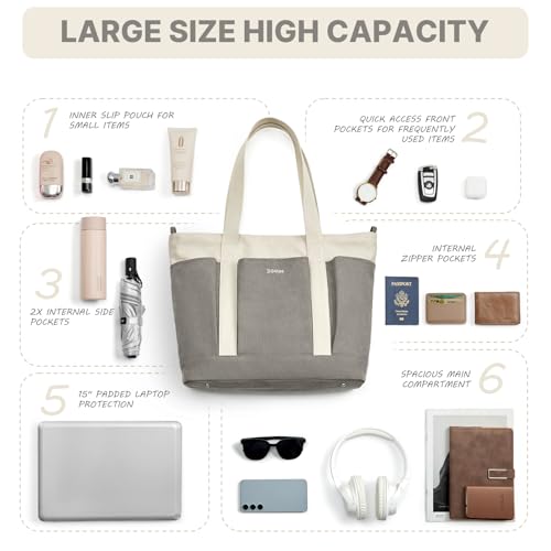 G4Free Large Canvas Tote Bag for Women with Zipper Fit 15.6" Laptop, Everything Tote Bags with Pockets for Work, Travel - color: Grey