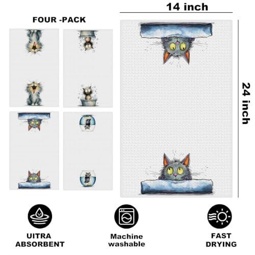 4 Pcs Funny Cat Kitchen Towels, Cute Cats Gifts Reusable Hand Towels-03 | Cat Dish Cloths for Drying Dishes, Cats Waffle Dish Towels for Kitchen Bathroom Decor, Cat Lover Gifts for Women Mom Grandma - color: Multi 1618