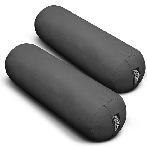 Mount Adams 24"x8" Round Yoga Bolster with Handles | 100% Cotton Restorative Yoga Pillow - Dense, Firm Massage Bolster - Yoga Pillow and Cushion for Home or Studio - color: Charcoal - 2 Pack