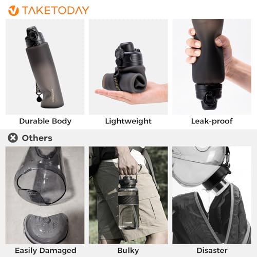 TakeToday Collapsible Water Bottles, Foldable for Travel, 32oz, Black | Compact Foldable Travel Bottle with Straw, TSA-Approved Leakproof Silicone, BPA-Free for Hiking & Outdoors - color: Black