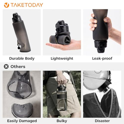 TakeToday Collapsible Water Bottles, Foldable for Travel, 32oz, Black | Compact Foldable Travel Bottle with Straw, TSA-Approved Leakproof Silicone, BPA-Free for Hiking & Outdoors - color: Black