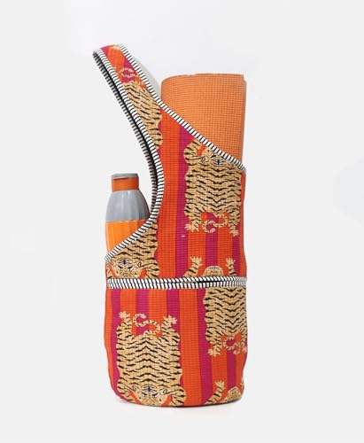 INDIAN CRAFT CASTLE Yoga Mat Bag | Tote Mat Bag | Sling Yoga Tote w/Large Side Pocket & Zipper Pocket | Yoga Mat Carrier Fits Most Size Mats - color: Pink Orange