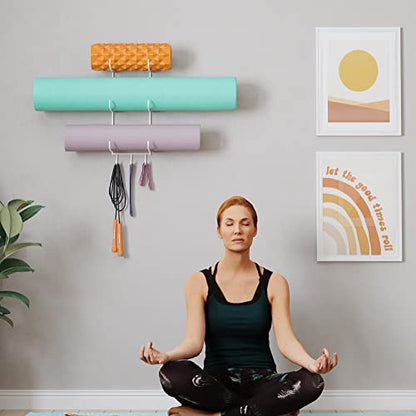 Wallniture Guru Yoga Mat Holder Wall Mount with 3 Hooks for Hanging Yoga Strap, Resistance Bands, 5-Sectional Metal - color: White, size: 19'' H | 3 Sectional