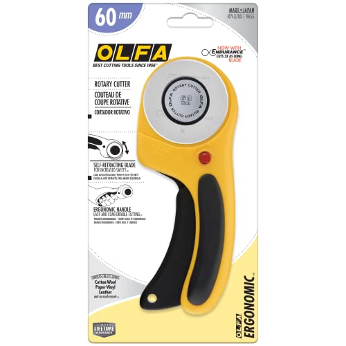 OLFA 60mm Ergonomic Squeeze-Handle Rotary Cutter (RTY-3/DX) - 12-Layer | 60mm endurance tungsten steel, squeeze trigger auto-retract - Heavy-duty fabric cutting - Quilters and Crafters
