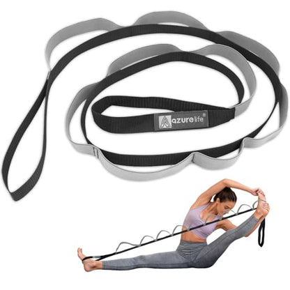 A AZURELIFE Half-Elastic Stretch Straps with 11 Loops, Stretching Strap for Physical Therapy, Multi-Loop Yoga Strap Fitness Exercise Strap for Yoga, Pilates, Dance, Flexibility&Exercise - color: Half Elastic-Gray