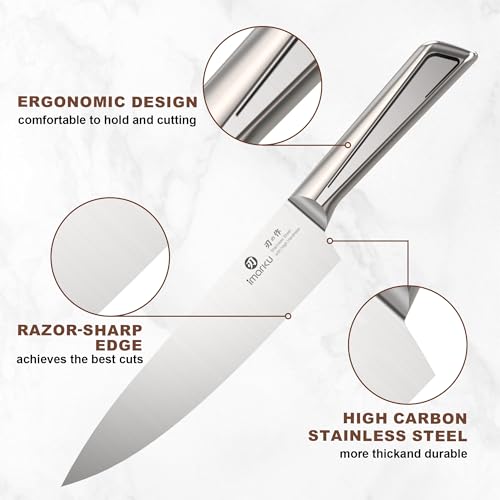imarku Gyutou Knife Set, High Carbon Steel, Block & Sharpener, Gift Box | 56 HRC Hardness, 15° Razor Sharp Edge, Ergonomic Non-Slip Handle, Brown Wood Block, Ideal Gift for Cooking Enthusiasts - color: Silver/Brown
