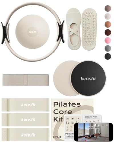Pilates Kit | Pilates Equipment Set for Home Workouts | Accessories & Guide | Matching-color Pilates ball, Pilates ring, resistance bands, Pilates accessories, video tutorials & gift box for home use. - color: Beige, style: Core Kit - 10PC
