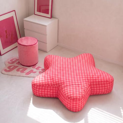 35 Inch Pink Star Floor Pillow, Oversized Plaid Cushion for Bedroom | 8 Inch Thick Polyester Fill, Machine Washable, Cozy Reading Nook Seat, Dorm Room Lounge Accent, Plush Support for Relaxing