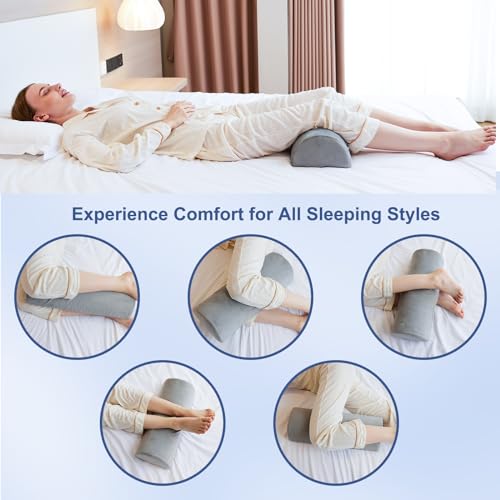 Knee Pillow for Back Sleeping, Memory Foam Bolster Pillow for Legs, Under Knee Pillow for Sleeping, Leg Pillow for Back & Hip Pain Relief, Half Moon Boslter,Grey