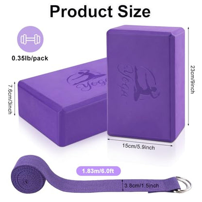 2 Yoga Block and 2 Yoga Strap Set,Non-slip EVA Foam Blocks, High Density Yoga Bricks with 6ft Strap, Supportive Latex-Free Yoga Block Accessories for Pilates - color: Purple B