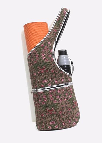 INDIAN CRAFT CASTLE Yoga Mat Bag | Tote Mat Bag | Sling Yoga Tote w/Large Side Pocket & Zipper Pocket | Yoga Mat Carrier Fits Most Size Mats - color: Brown Green