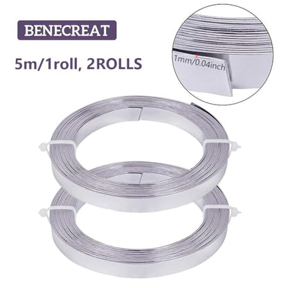 BENECREAT 32.8 Feet Flat Jewelry Craft Wire, 18 Gauge Aluminum Wire for Bezel, Sculpting, Armature, Jewelry Making(Silver, 10mm Wide, 16.4Feet/Roll, 2Rolls) - size: 10mm Wide